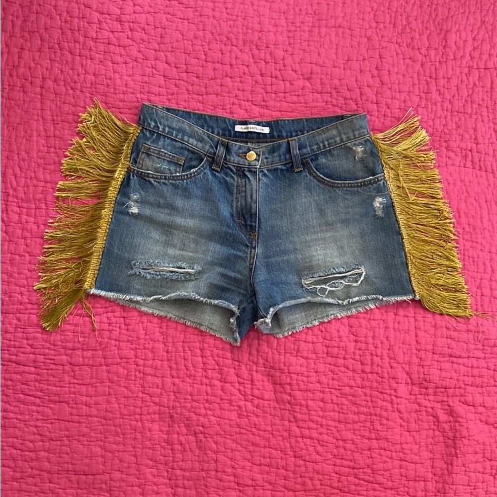 Flávio Castellani Stylish Denim Shorts with Gold Fringe, M